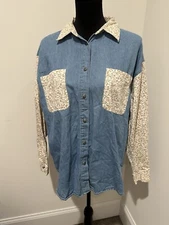Vintage Women’s 80s Gitano Denim Shirt With Floral Long Sleeves Size L
