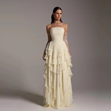 Chiffon Evening Dresses Strapless Sleeveless Ruffles Tiered Prom Party Gowns New