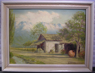 Rural Mountain Landscape Farm House Oil Painting Alberto Lobos Chile 1930s