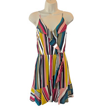 Striped Short Dress Wrap Front Ruffle Deep V Resort Vacation Date Night Sz S Fun
