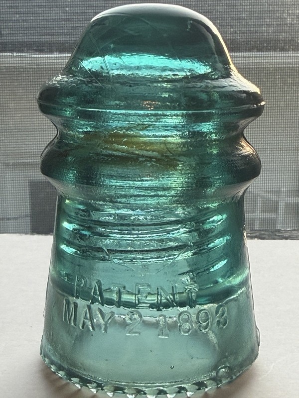 VINTAGE HEMINGRAY NO. 9 BLUE GREEN GLASS INSULATOR PATENT MAY 2, 1893