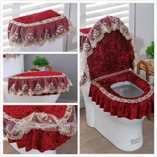 3x Washable Bathroom Toilet Seat Cover Set Lace Velvet Tank Cover Lid Pads Home
