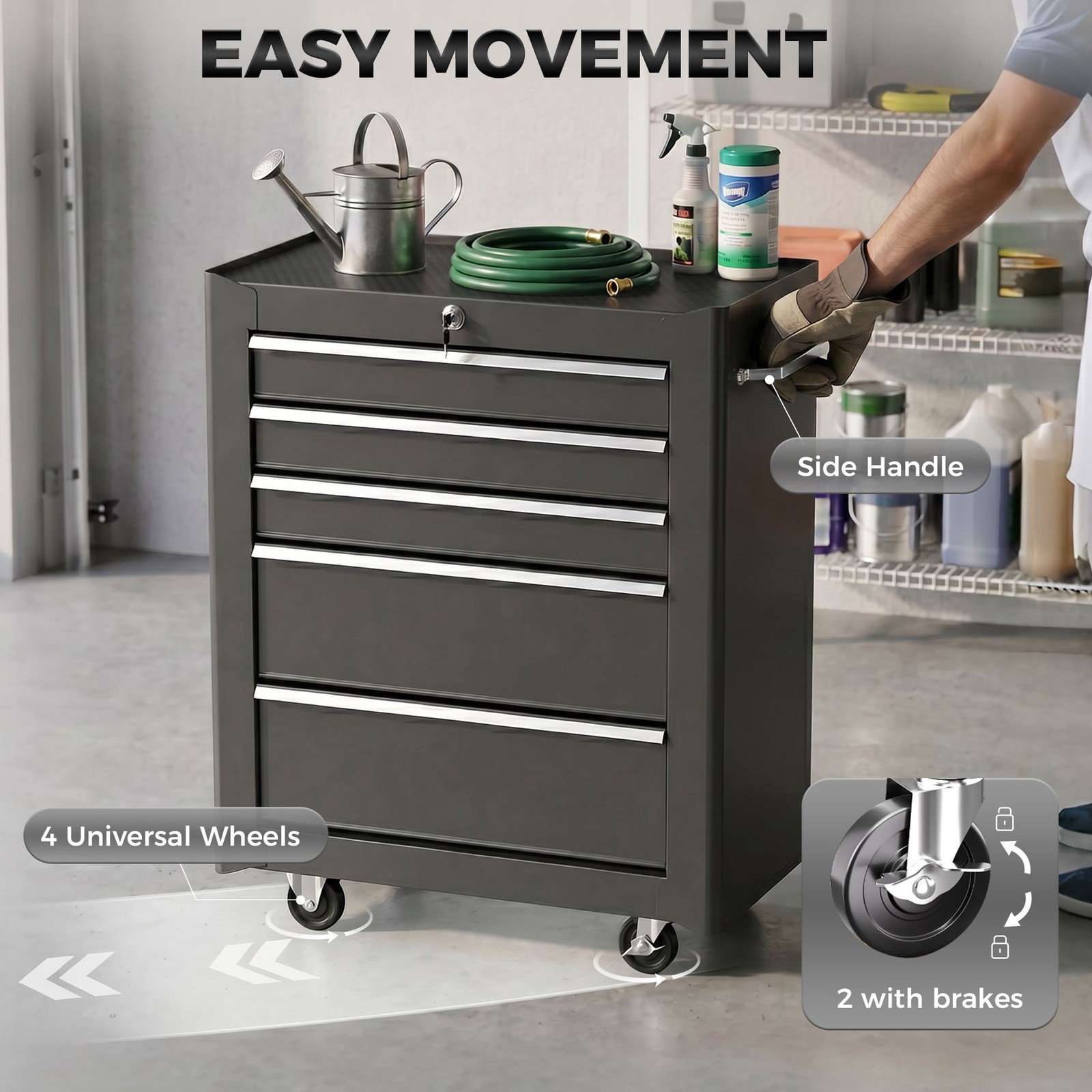 5-Drawer Lockable Steel Tool Storage Cabinet w/ Wheels Handle 2 Keys Black 5