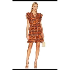 Ulla Johnson Orange Ikat Print Mini Dress Smocked Waist Boho Tassel Tie Sz 0/XS