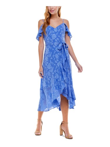 CITY STUDIO Womens Zippered Belted Flutter Sleeve Midi Evening Faux Wrap Dress