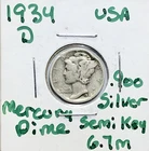 1934-D Mercury Head Silver Dime VF  - Slightly Offset Reverse - 6.7m Better Date