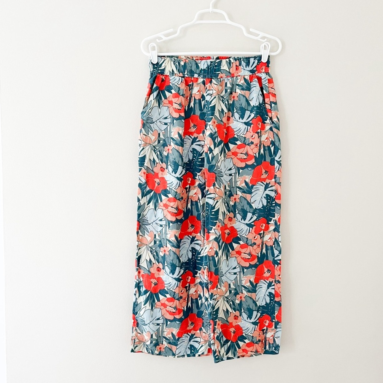 C&C California 100% Linen Poppy Floral Wide Leg Trouser Pants, Size Small