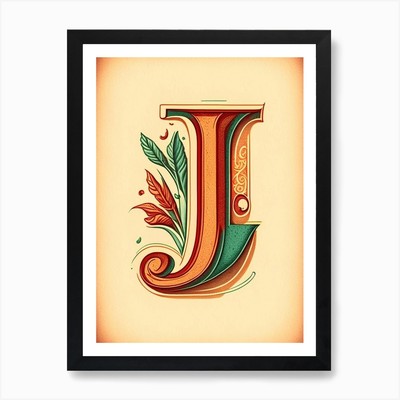 J, Buchstabe, Alphabet Vintage Skizze gerahmt Wandbild Poster Leinwanddruck Bild
