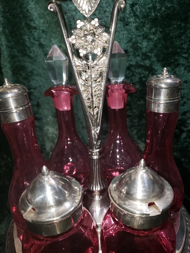 Antiguo juego de 6 botellas de arándano con huella digital Shrade Caddy Cruet Foto 3 de 4