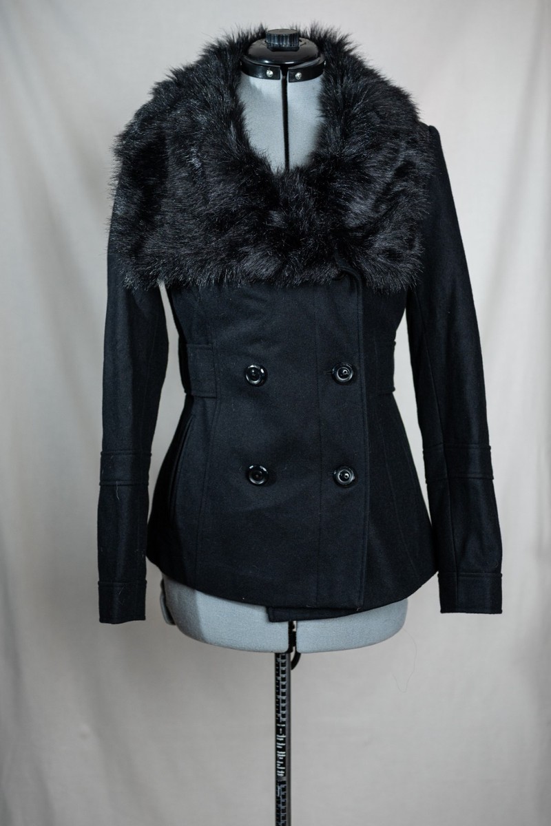 Moda International Women’s Small Black Short Coat Button Front Fur Trim