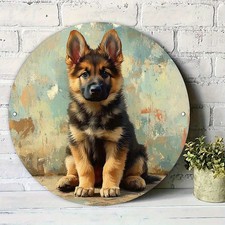 2D Flat, 2D Flat Round Metal Sign, Cute German Shepherd Puppy Light And Shadow F