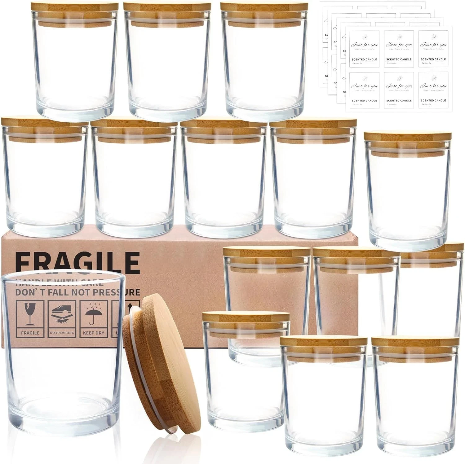 7oz Clear Candle Jars with Bamboo Lids – Set of 15 Empty Thick Glass Jars