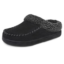Men's Moccasin Suede Slippers with Cozy Memory Foam  Fuzzy Plush 11-12 Black