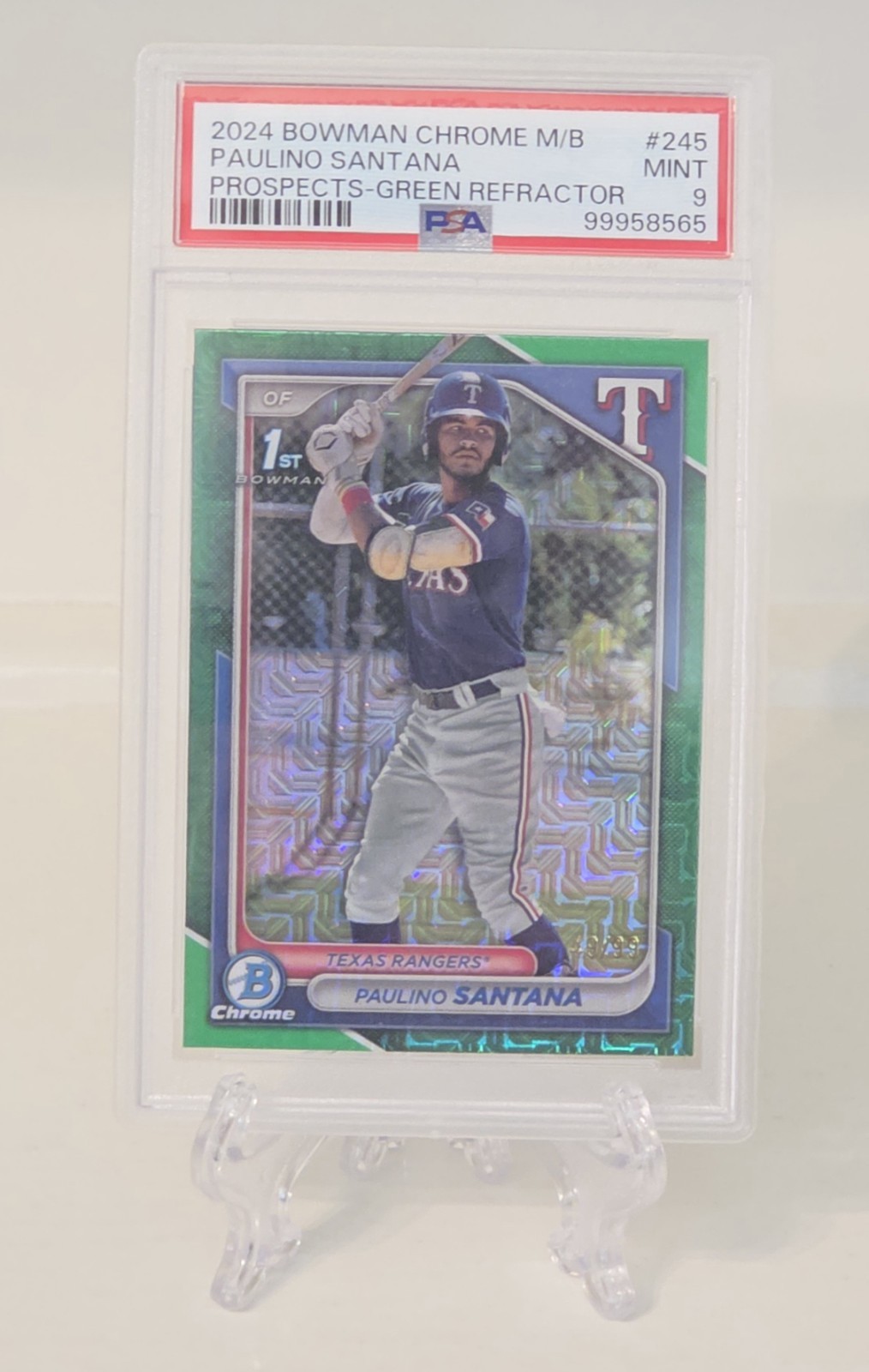 PSA 9 Paulino Santana 2024 Bowman Chrome Green Refractor 1st Bowman #49/99