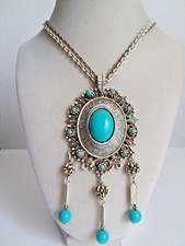 Vtg. Rococo Style Faux Turquoise Cabochon Antiqued Necklace
