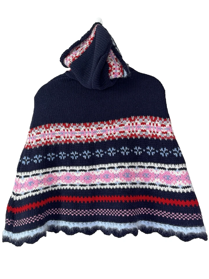 Capelet tejido con capucha vintage Benetton azul marino y rosa Fair Isle acogedor Nordic Apres Foto 3 de 4