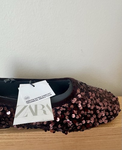 Zapatos planos de ballet de lentejuelas ZARA para mujer talla 8 marrón chocolate nuevos con etiquetas - Imagen 4 de 4