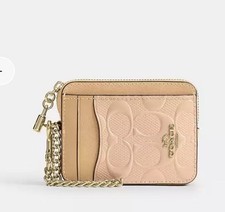 New Coach Zip Card Case CFI29 Faded Blush Orange Signature Leather w/Charm