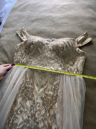 Faeriesty Gold Stretch Sequin Long Evening Gown Tulle Train SZ 3XL - Picture 5 of 7