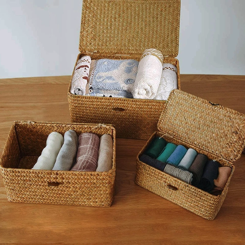 Esoes Boîte de rangement en rotin tressé avec couvercle - Taille M - Photo 2/4