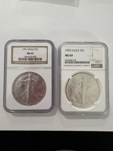 Lot of 2 - American Silver Eagles 🦅- NGC MS69 1991 & 1995. 1oz x 2