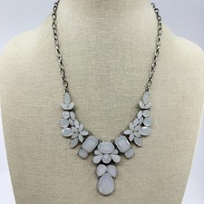 White Faceted Floral Bib Necklace Silver Tone Statement Wedding Jewelry Gift
