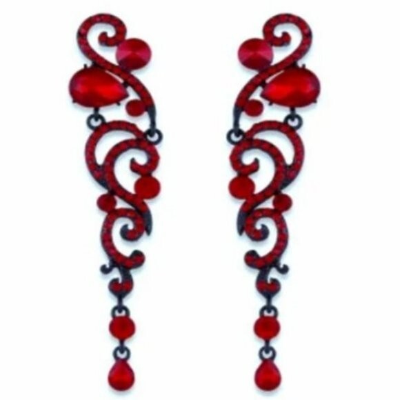 Red Earrings Long Crystal Rhinestone Dangle Drop Holiday Wedding Bridal Prom