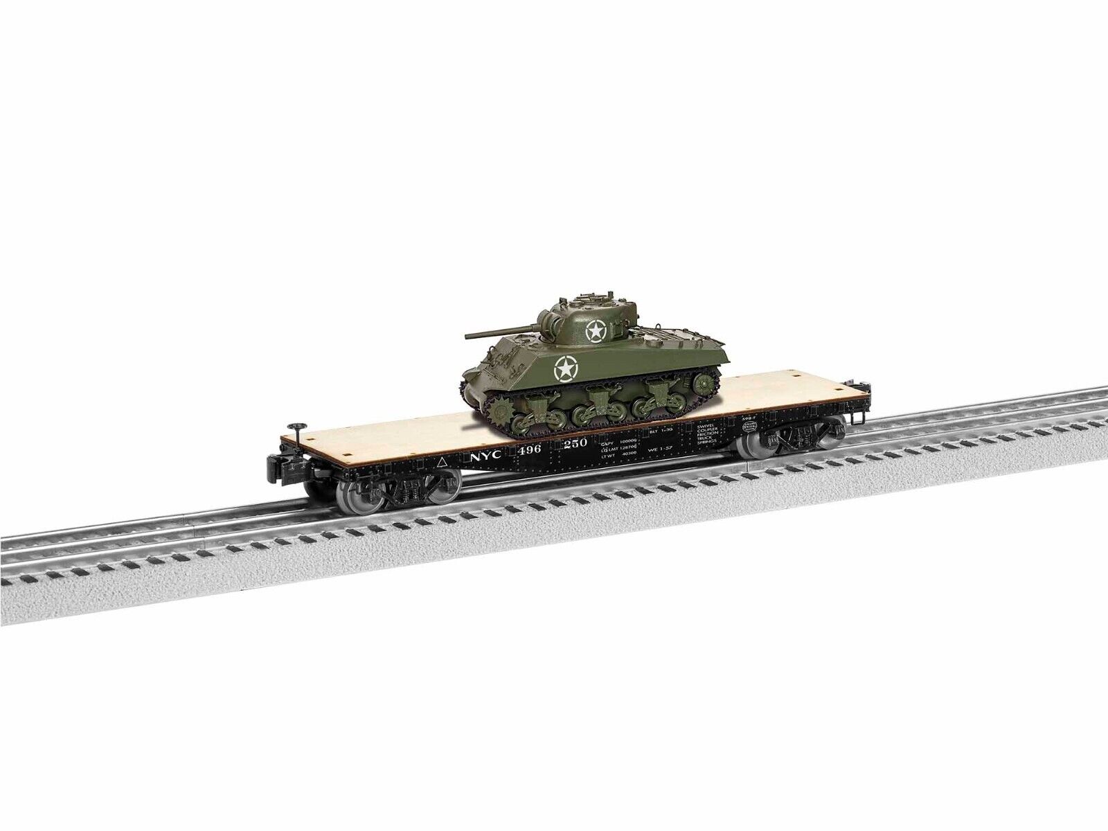 LIONEL 1926711 NEW YORK CENTRAL 40' FLATCAR WITH SHERMAN TANK # 496250