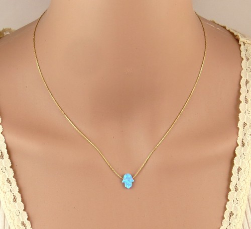 Blue opal hamsa necklace, gold hamsa 