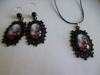 Schmuck Stahl schwarz Halskette Ohrringe Cabochon Gothic 18x25mm