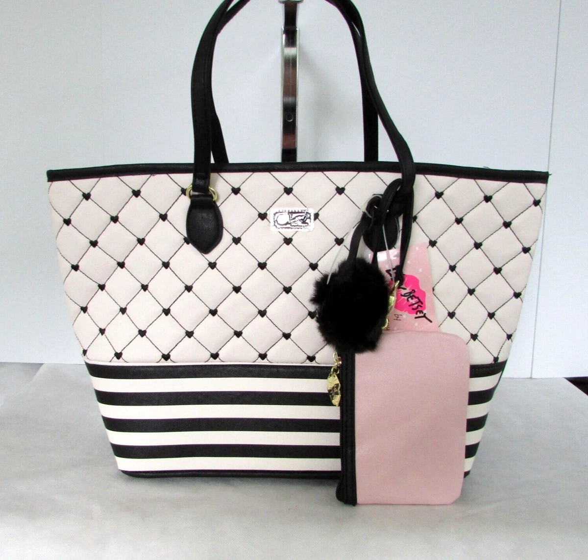Luv Betsey Johnson Quilted Tote Shoulder Bag Pouch Hearts Stripes White NWT