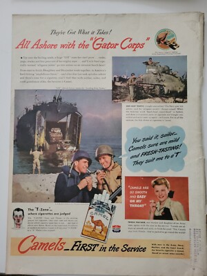 gator cigarettes 1949 WWII Camel Cigarettes all ashore with Gator Corps military vintage ad