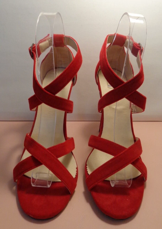 Loslandifen💗Sexy Zapatos de Tacón Alto Rojo Imitación Gamuza Doble Cruzada 4.25"💗Talla 7/38 Foto 4 de 4