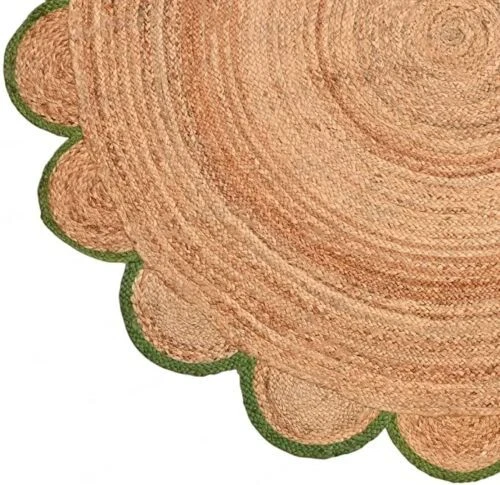 Rug Round Jute Scallop Design Natural Floors Rug Beige With Green Handmade - Image 3 of 4