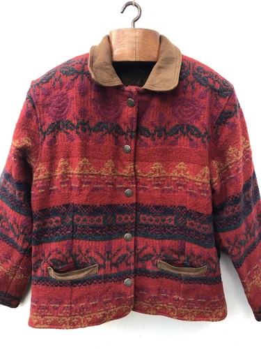 Vintage Woolrich Aztec Western Jacket Women’s L Red Navy Suede Collar USA Made - Picture 5 of 24
