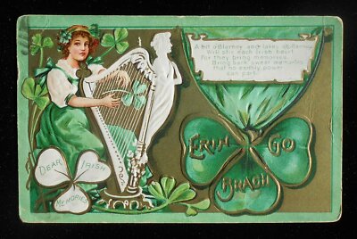 1900s St. Patricks Day Greetings Beautiful Girl Playing Harp Erin Go Bragh PC
