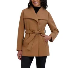 Tahari Women's Coat Wrap Faux Wool Water-Resistant Pockets Tie Belt H33