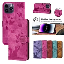 For iPhone 17 16 15 Pro Max Butterfly Cat Pattern Shockproof Leather Wallet Case
