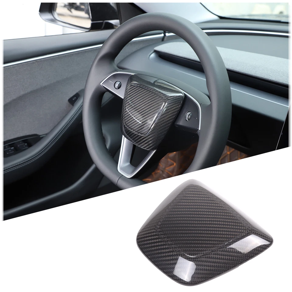 Cubierta de ajuste con logotipo de volante de fibra de carbono real para Tesla Model 3 2023-2024 1X Foto 2 de 4