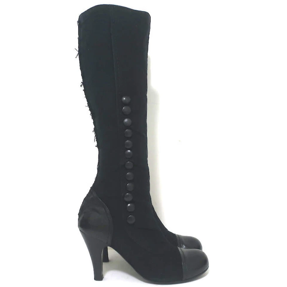 Lanvin Cap Toe Buttoned Knee High Boots Black Corduroy & Leather Size 39 - Image 3 of 4
