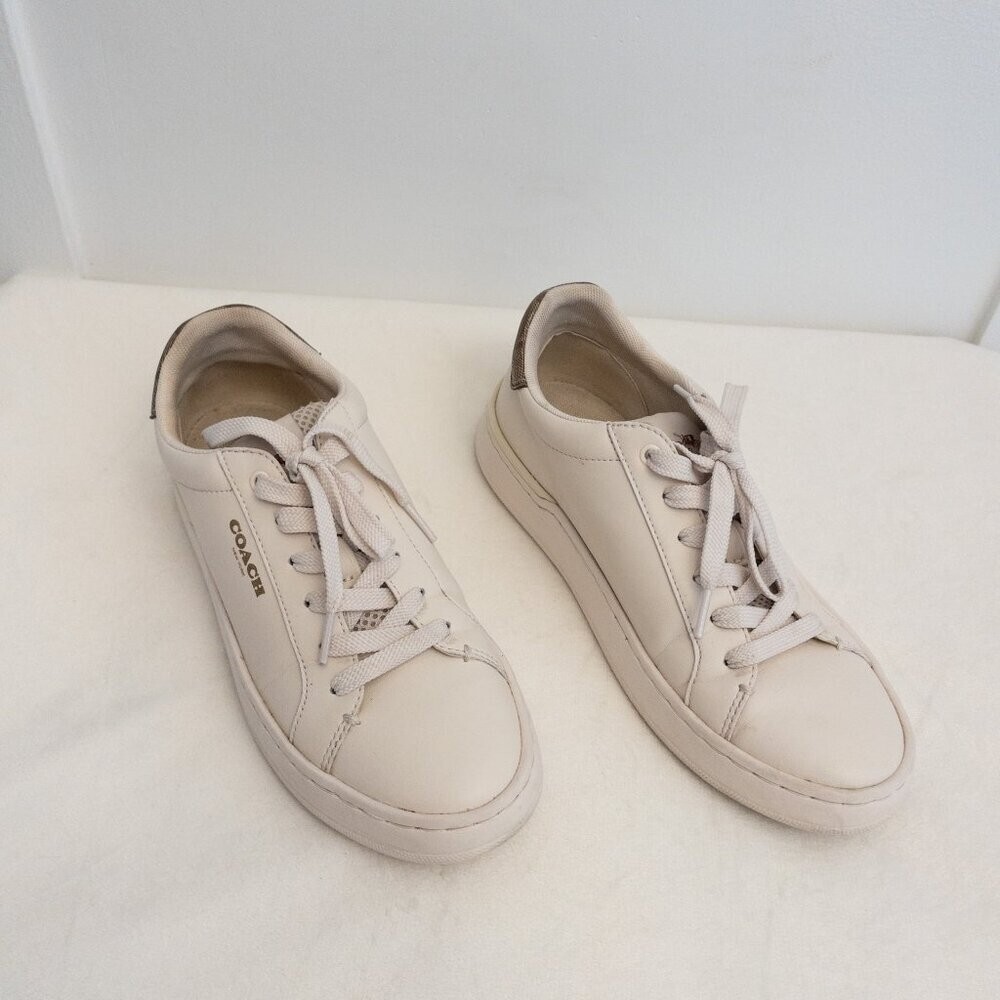 Coach White Leather Sneakers with Signature Logo Heel Size 7.5B Low-Top Shoes