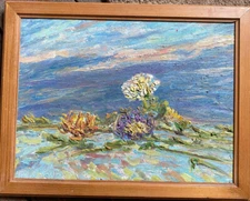 Oil painting undeutl. sign. Pastose landscape with flowers vintage