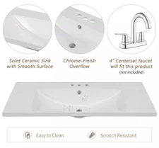 36" Single Bathroom Vanity Top with White Basin, 3-Faucet Holes, Ceramic, White