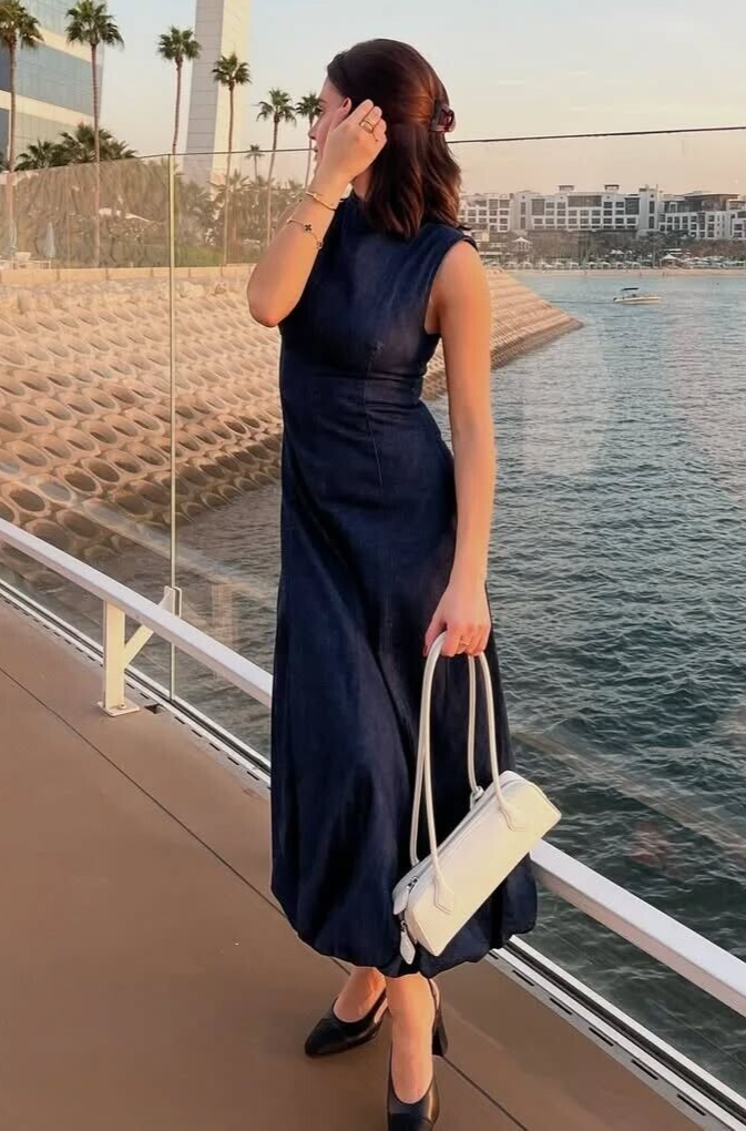 Zara Denim High Neck Balloon Hem Dress Dark Indigo Blue Size XS S