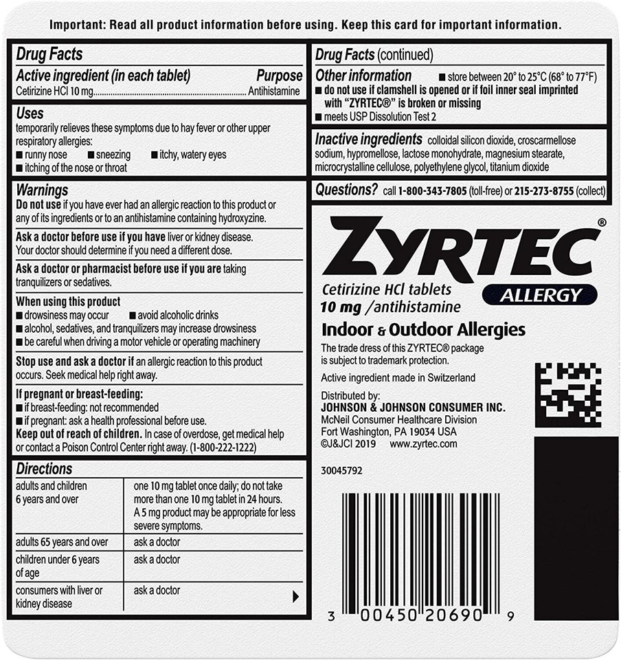 New Zyrtec Allergy 24 Hour 10 MG 90 Tablets Expiration 20252026, FREE