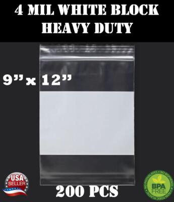 200 - 9'' x 12'' Zip Seal Reclosable 4Mil Top Lock Bags White Block Heavy Duty