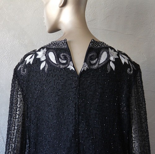 Laurence Kazar Vintage Large XL Top Black White Silver Silk Beaded Embroidered - Picture 10 of 12