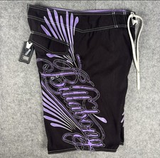 Vintage Billabong Mens Embroidered Purple Black Board Shorts Sz 32 Surf Wax Comb