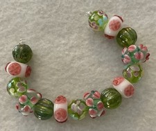 New 6  Strand Pink  Green Rondelle  Round LampWork Glass Beads 12-14mm