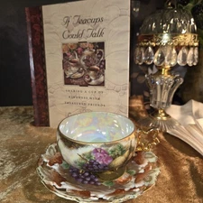 Royal Sealy Vintage Iridescent Tea Cup Saucer 3 Footed Gold Trim & Teacups Book